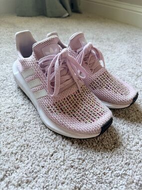 adidas Light Pink Knit Athletic Sneakers with White Stripes